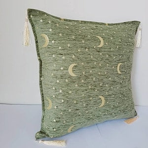 moon pillow, moon decor, green boho pillow, boho decor