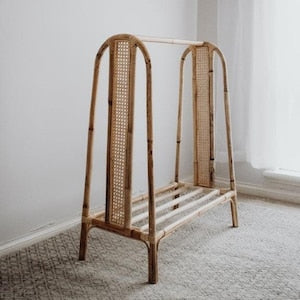 Clothing Rack with hangers, Rattan wardrobe, Dress up storage, wooden dress rack, display clothes storage, Assembling Clothing Rack.