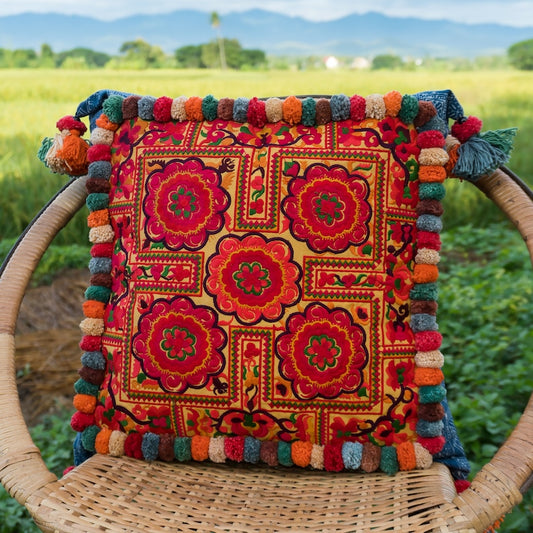 18x18 Pom Pom Hmong Embroidered Pillow Cases