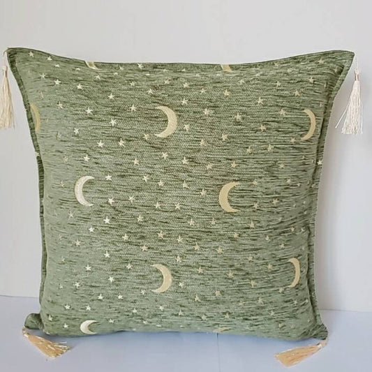 moon pillow, moon decor, green boho pillow, boho decor