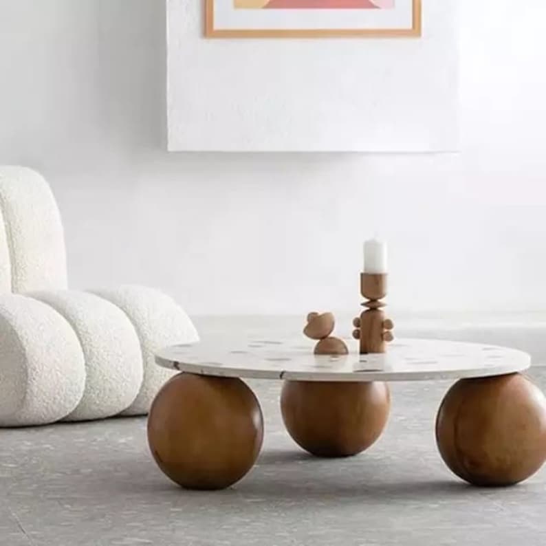 Center Table Wooden Balls, Decorative Wooden Balls, Glass Table with Wooden Collected, Wooden Coffee Table,LivingRoom Center Table,Home Gift