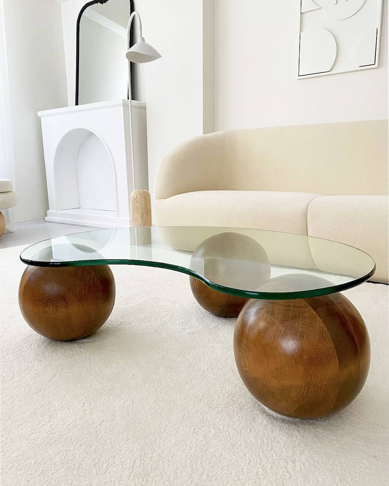 Center Table Wooden Balls, Decorative Wooden Balls, Glass Table with Wooden Collected, Wooden Coffee Table,LivingRoom Center Table,Home Gift