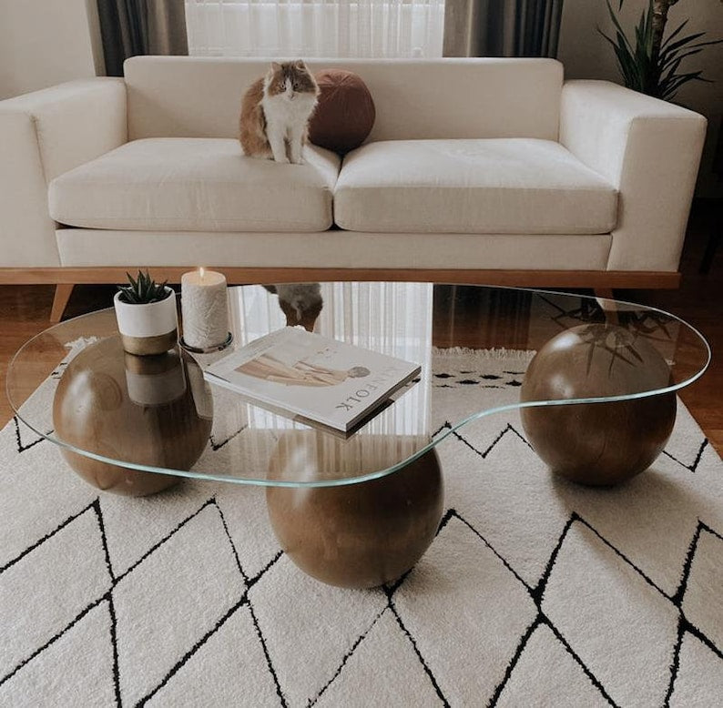 Center Table Wooden Balls, Decorative Wooden Balls, Glass Table with Wooden Collected, Wooden Coffee Table,LivingRoom Center Table,Home Gift