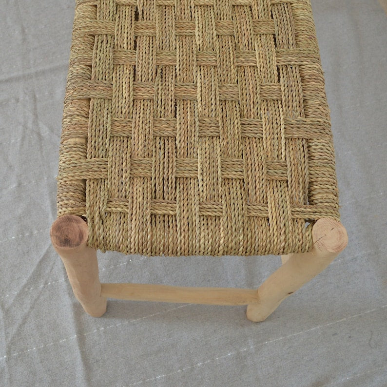 Handmade Solid wooden bench, vintage and straw bench, handcrafted chair, Bench in solid wood and natural weaving, woden bench