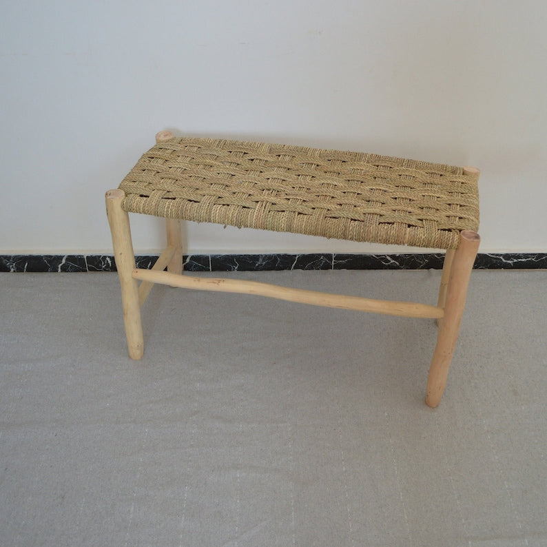 Handmade Solid wooden bench, vintage and straw bench, handcrafted chair, Bench in solid wood and natural weaving, woden bench