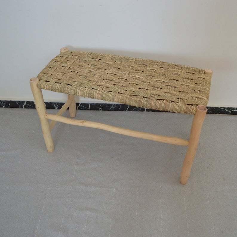 Handmade Solid wooden bench, vintage and straw bench, handcrafted chair, Bench in solid wood and natural weaving, woden bench