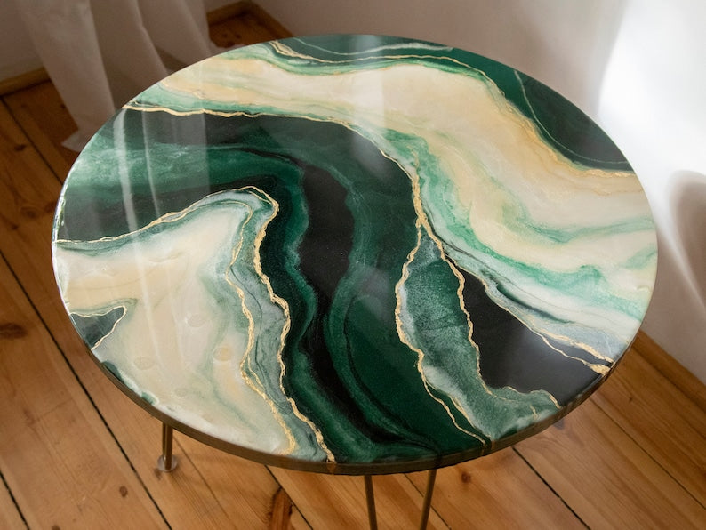 Table, Resin coffee table, Green gold coffee table, Round coffee table, Epoxy handmade table, Marble Look Round Table