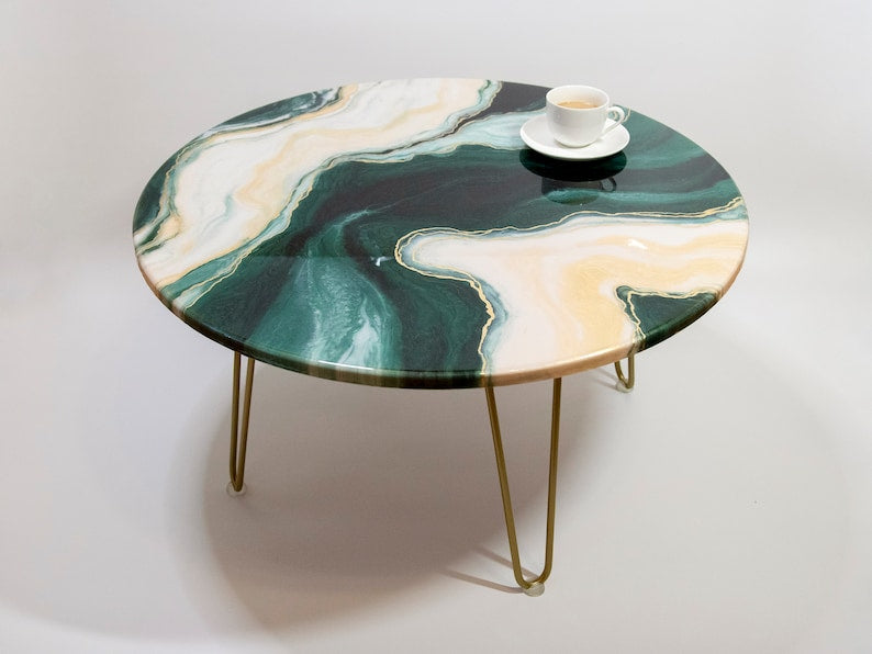 Table, Resin coffee table, Green gold coffee table, Round coffee table, Epoxy handmade table, Marble Look Round Table