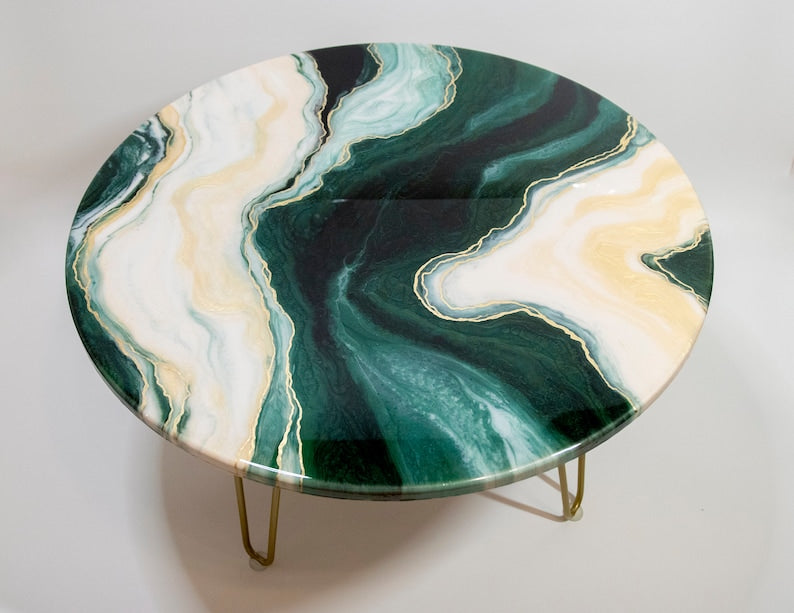 Table, Resin coffee table, Green gold coffee table, Round coffee table, Epoxy handmade table, Marble Look Round Table