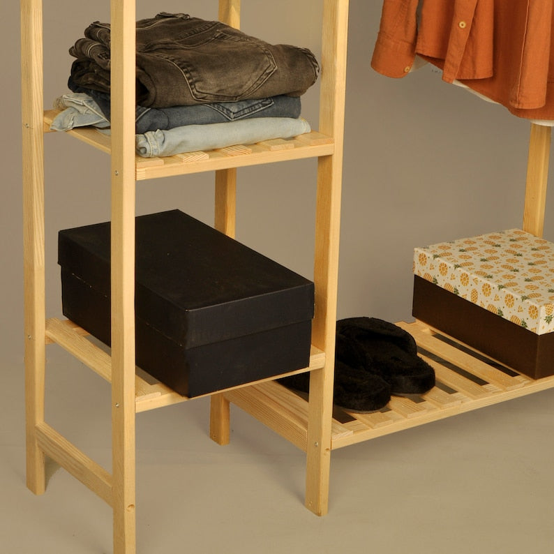 Wooden Clothes Stand 4 Shelves | Wood Bedroom Valet | Garment Storage Rack | Cloth Hanging Rack with Shelf | Closet Shelves | Hat Hanger