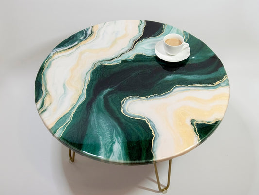 Table, Resin coffee table, Green gold coffee table, Round coffee table, Epoxy handmade table, Marble Look Round Table