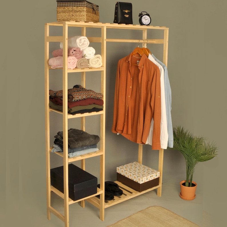 Wooden Clothes Stand 4 Shelves | Wood Bedroom Valet | Garment Storage Rack | Cloth Hanging Rack with Shelf | Closet Shelves | Hat Hanger