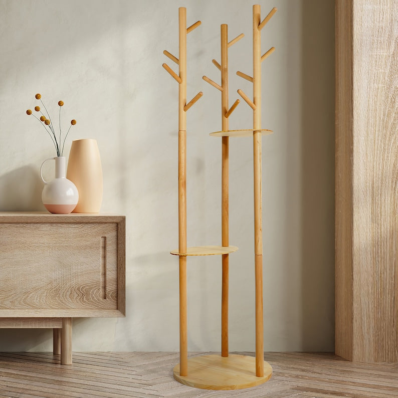 STANDING COAT RACK - Wooden coat rack stand - Beech wardrobe - Dressing rack free standing clothes - Coat stand design - Coat hanger