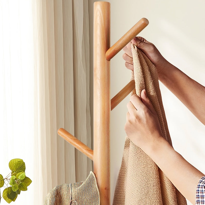 STANDING COAT RACK - Wooden coat rack stand - Beech wardrobe - Dressing rack free standing clothes - Coat stand design - Coat hanger