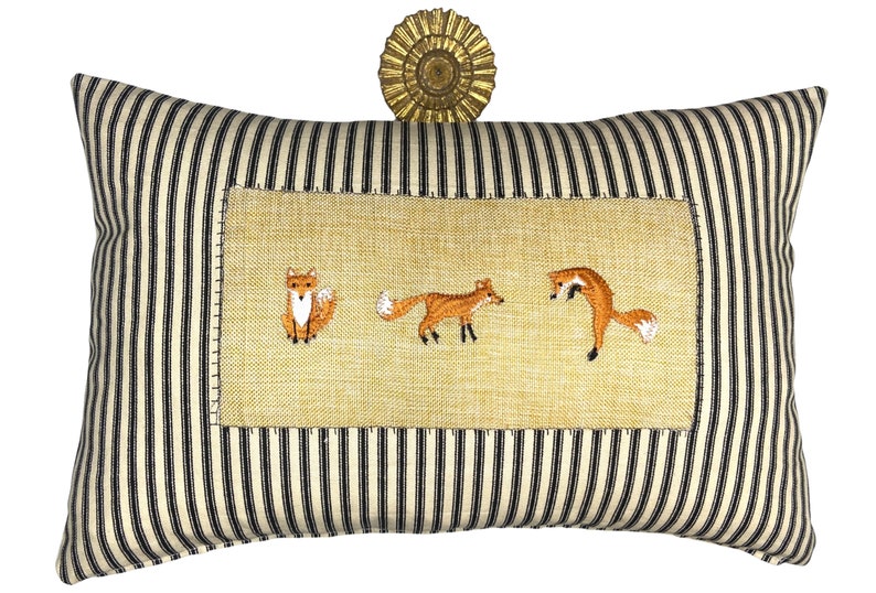 Woodland fox and stripe kidney pillow in