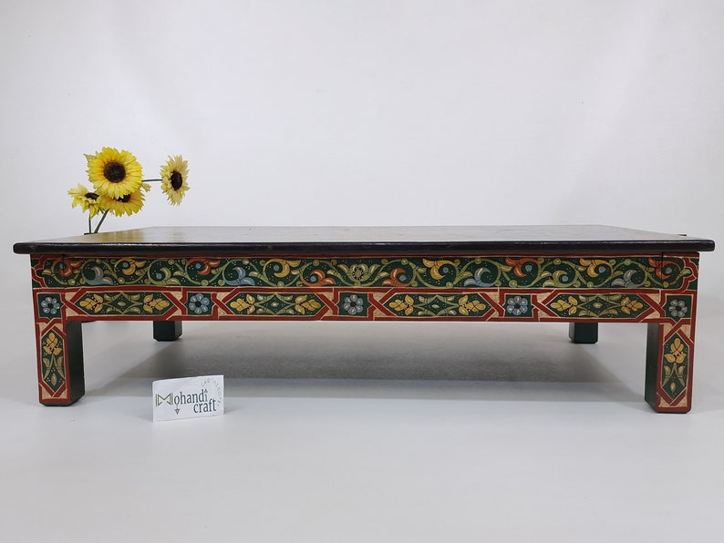 Unique HANDPAINTED COFFEE TABLE, Cocktail Dark Green Table, Unique Low Table, Dining Table, Colorful Orangy Red Geo Design Table, Sofa Table