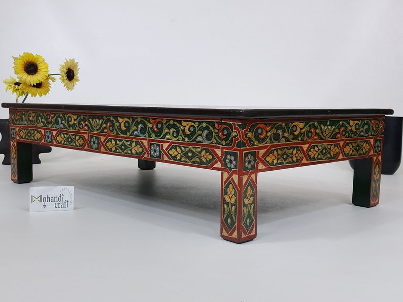 Unique HANDPAINTED COFFEE TABLE, Cocktail Dark Green Table, Unique Low Table, Dining Table, Colorful Orangy Red Geo Design Table, Sofa Table