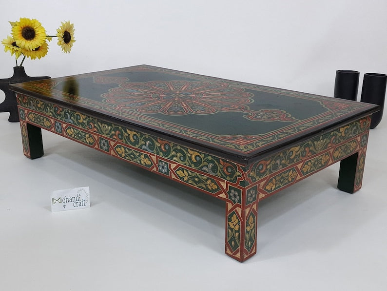 Unique HANDPAINTED COFFEE TABLE, Cocktail Dark Green Table, Unique Low Table, Dining Table, Colorful Orangy Red Geo Design Table, Sofa Table