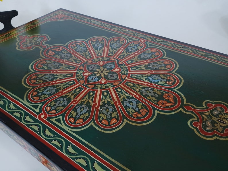 Unique HANDPAINTED COFFEE TABLE, Cocktail Dark Green Table, Unique Low Table, Dining Table, Colorful Orangy Red Geo Design Table, Sofa Table