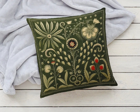 Olive Green Folk Art Pillow