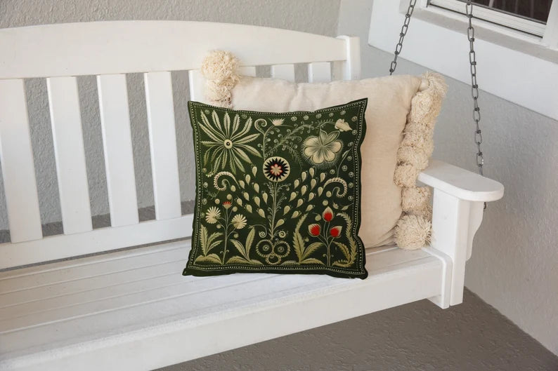 Olive Green Folk Art Pillow