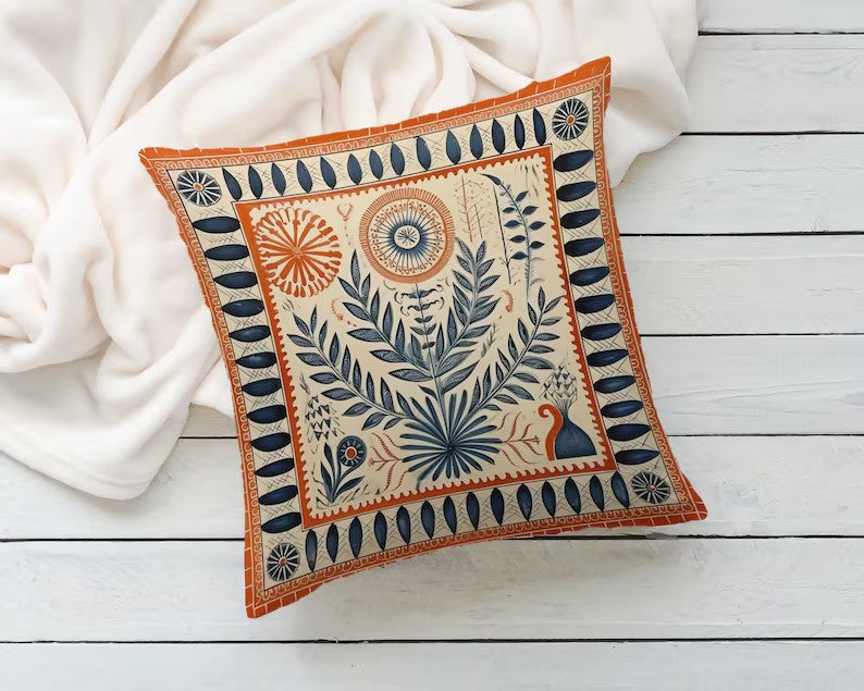 Folk Art Terracotta Orange Pillow