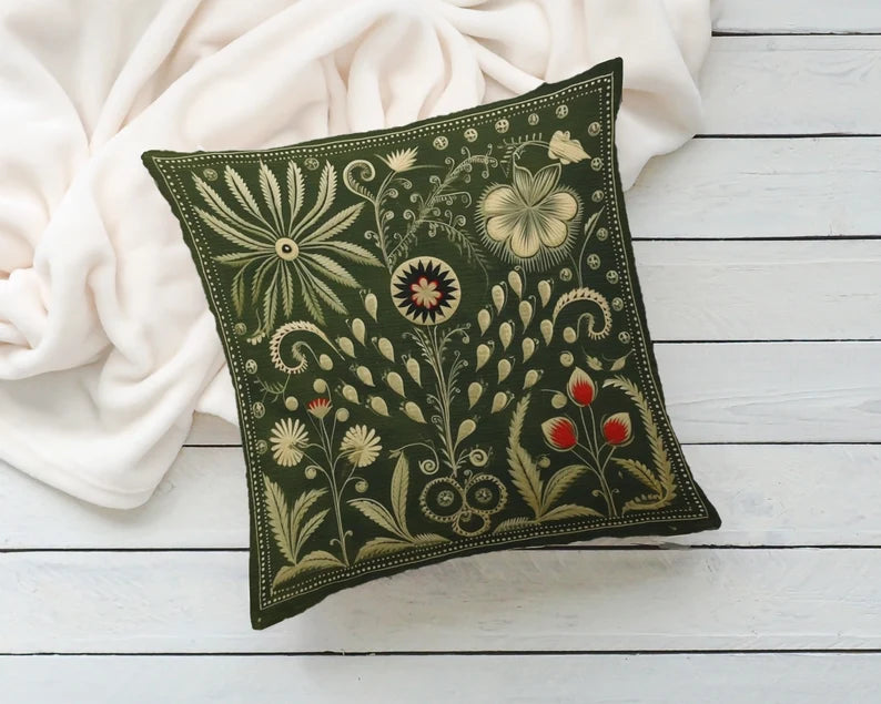 Olive Green Folk Art Pillow