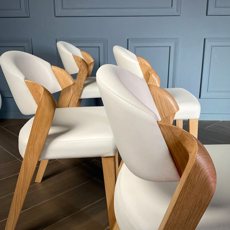 Stylish and Very Comfortable Dining Chairs with Elegant Curves, Solid Oak Chair in Beige Leather, Chairs for Dining Room, Upholstered Chairs