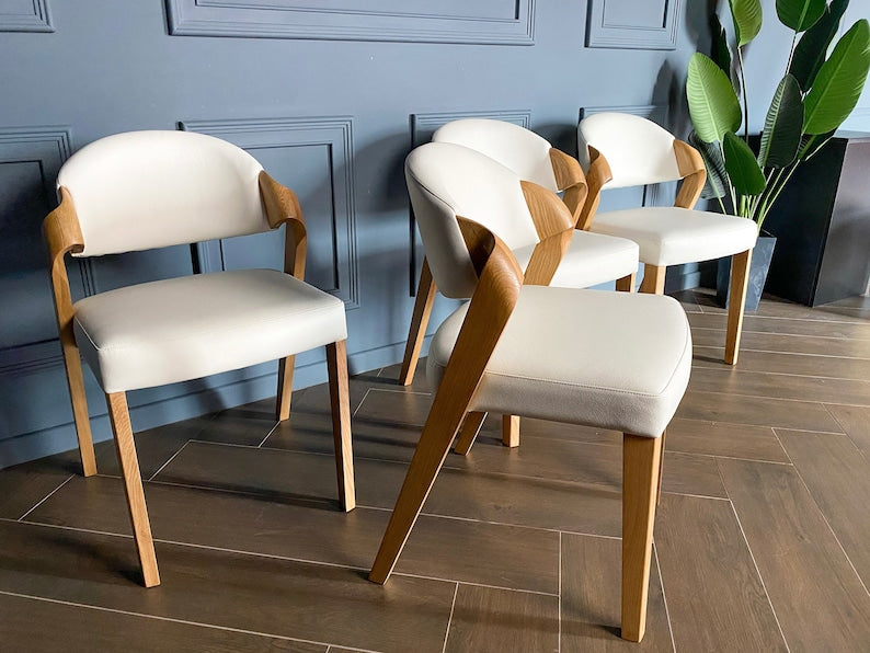 Stylish and Very Comfortable Dining Chairs with Elegant Curves, Solid Oak Chair in Beige Leather, Chairs for Dining Room, Upholstered Chairs