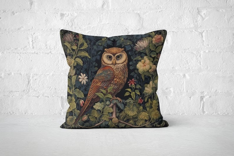 William Morris Owl Forest Decor Pillow