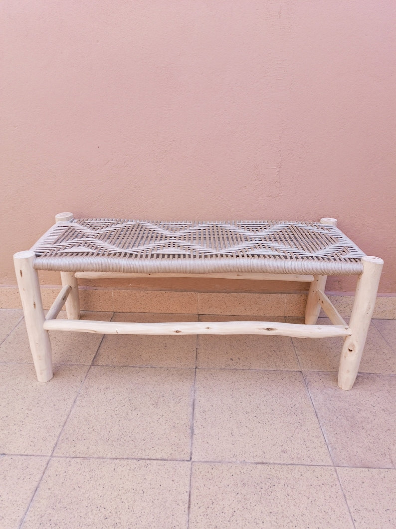 Handmade Banc en bois massif et tressage , bench morocco, chaise , chaise boho faite à la main