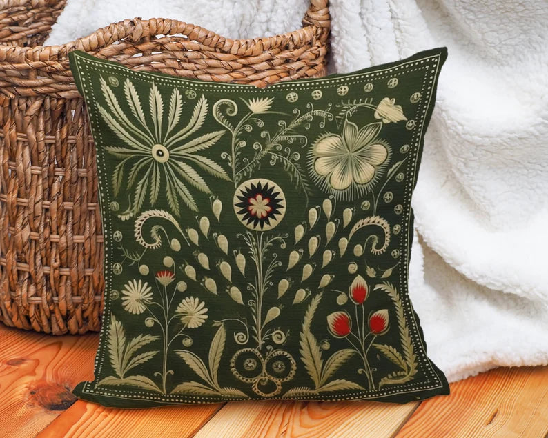 Olive Green Folk Art Pillow