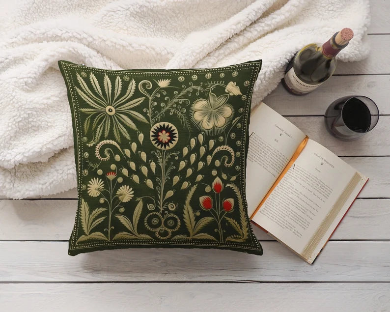 Olive Green Folk Art Pillow