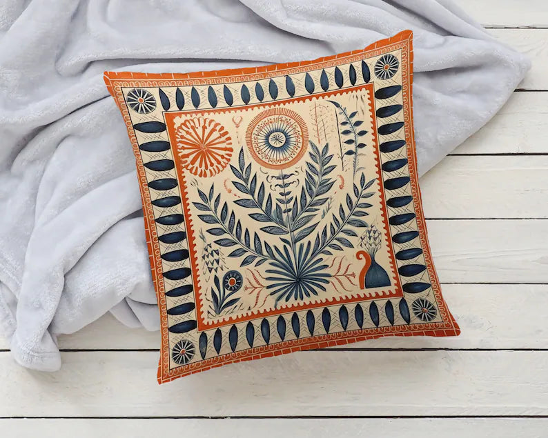 Folk Art Terracotta Orange Pillow