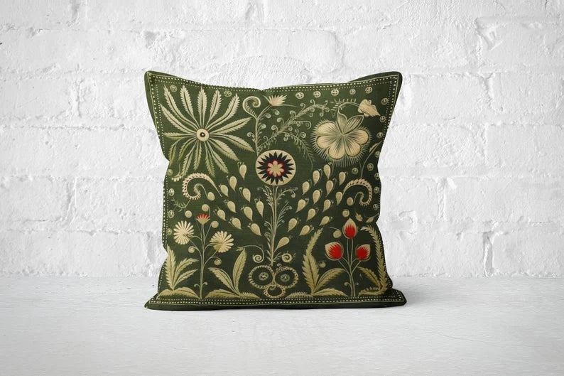 Olive Green Folk Art Pillow