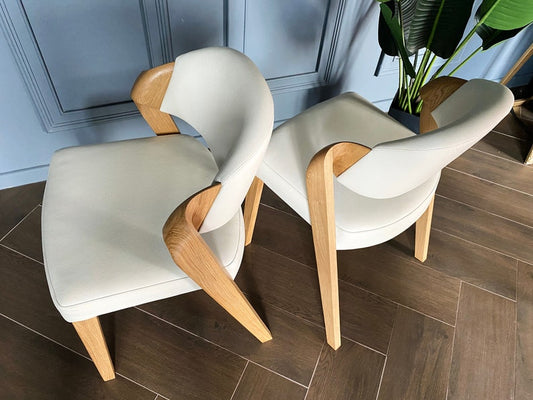 Stylish and Very Comfortable Dining Chairs with Elegant Curves, Solid Oak Chair in Beige Leather, Chairs for Dining Room, Upholstered Chairs