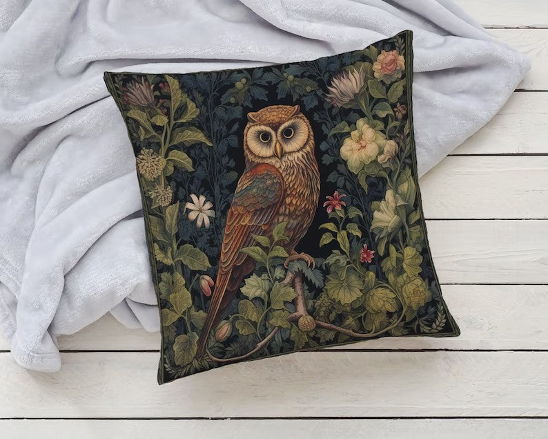 William Morris Owl Forest Decor Pillow