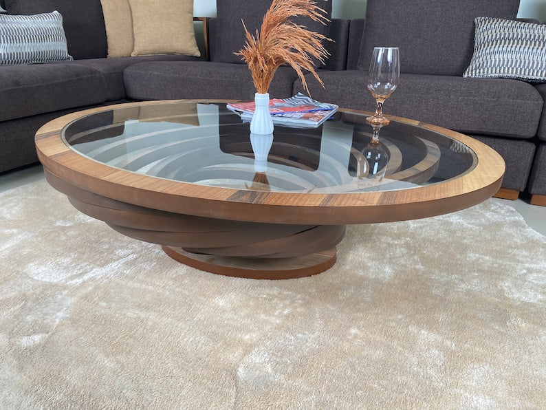 Large Coffee Table for Living Room, Natural Walnut Coffee Table Modern Decorative Custom Design with Glass Top