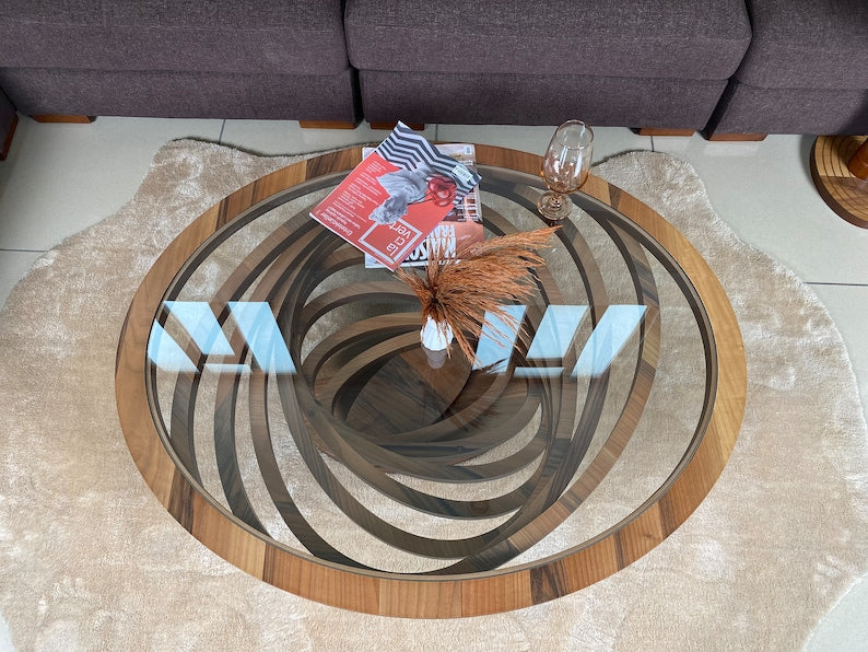 Large Coffee Table for Living Room, Natural Walnut Coffee Table Modern Decorative Custom Design with Glass Top