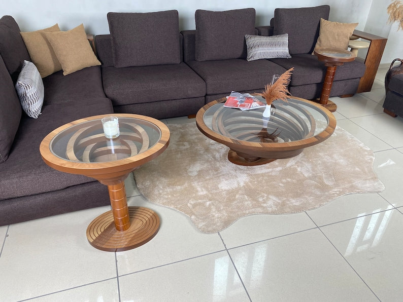 Large Coffee Table for Living Room, Natural Walnut Coffee Table Modern Decorative Custom Design with Glass Top