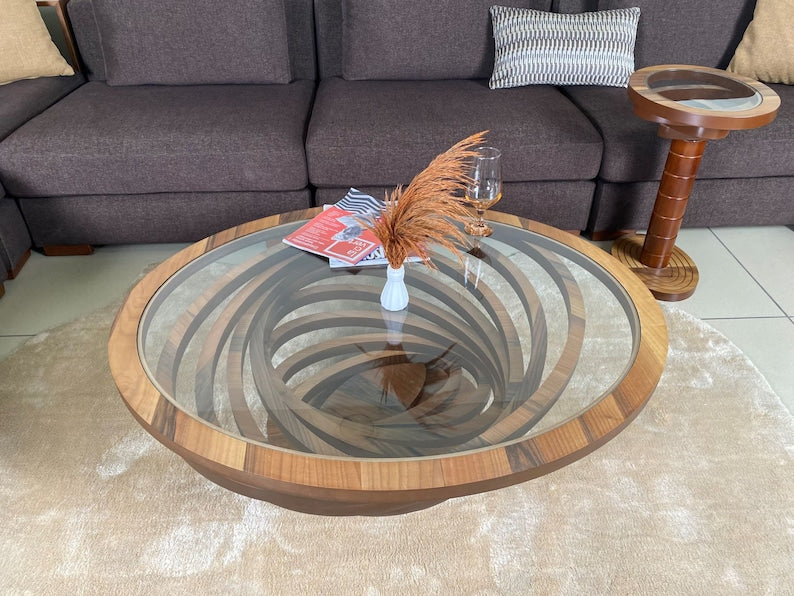 Large Coffee Table for Living Room, Natural Walnut Coffee Table Modern Decorative Custom Design with Glass Top