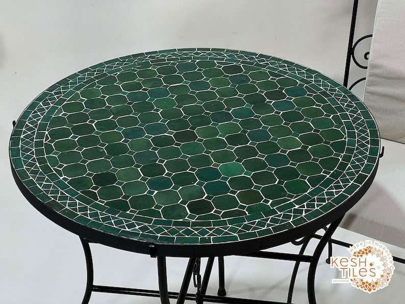 TABLE, Handmade Round Table, Moroccan Mosaic Green Table, Traditional Custom Made Design, Luxurious Outdoor Patio Furniture