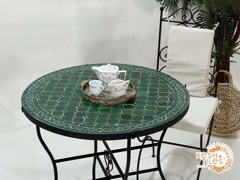 TABLE, Handmade Round Table, Moroccan Mosaic Green Table, Traditional Custom Made Design, Luxurious Outdoor Patio Furniture