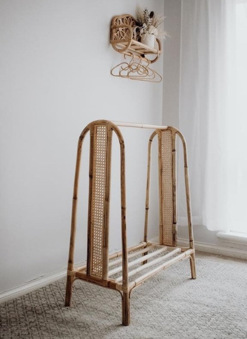 Clothing Rack with hangers, Rattan wardrobe, Dress up storage, wooden dress rack, display clothes storage, Assembling Clothing Rack.