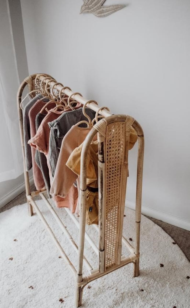 Clothing Rack with hangers, Rattan wardrobe, Dress up storage, wooden dress rack, display clothes storage, Assembling Clothing Rack.