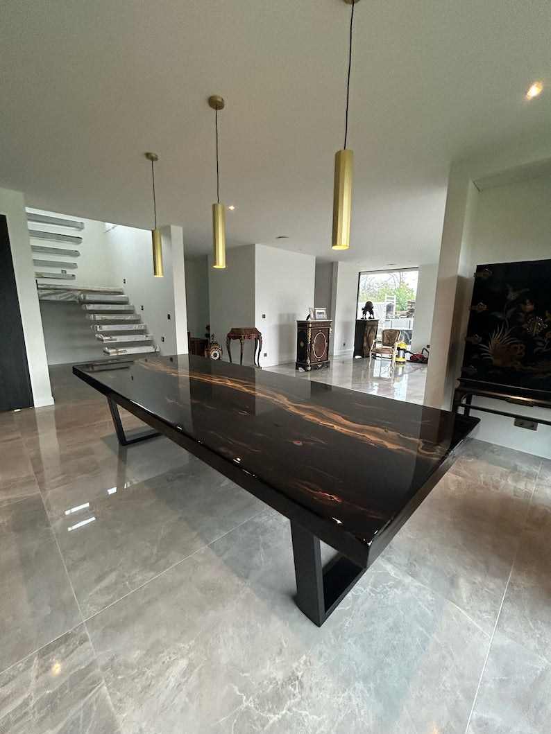 Custom Made Extra Thickness Black and Copper Faux Marble Dining Table, Gold River, Unique Resin Art, All Colors, Size, Shapes Possible