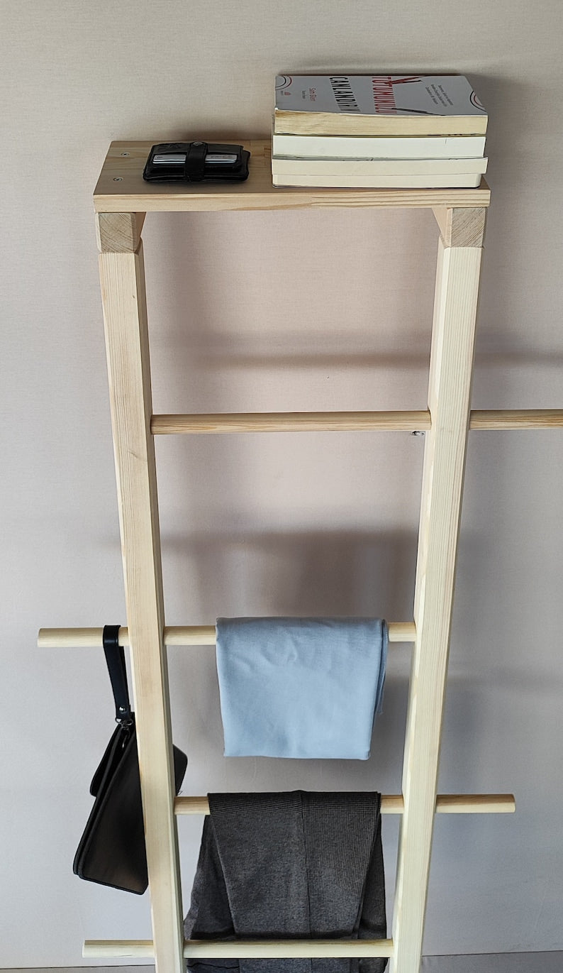 Hanger and Wall Coat Rack for the Bathroom, Wooden Clothing and Towel Holder ladder, Leaning wardrobe Clothes Rail, Clethes Valet for Adults