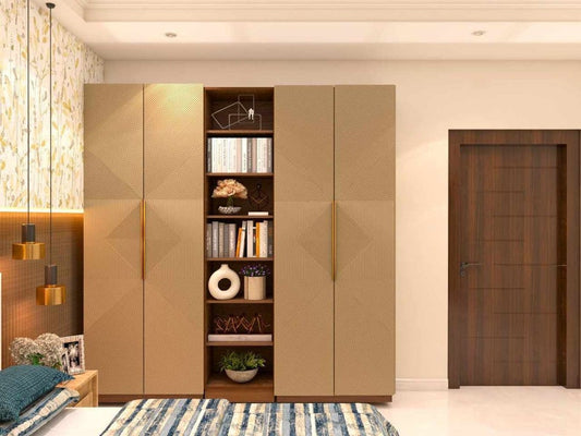 Golden textured laminated design for wardrobe with shelves