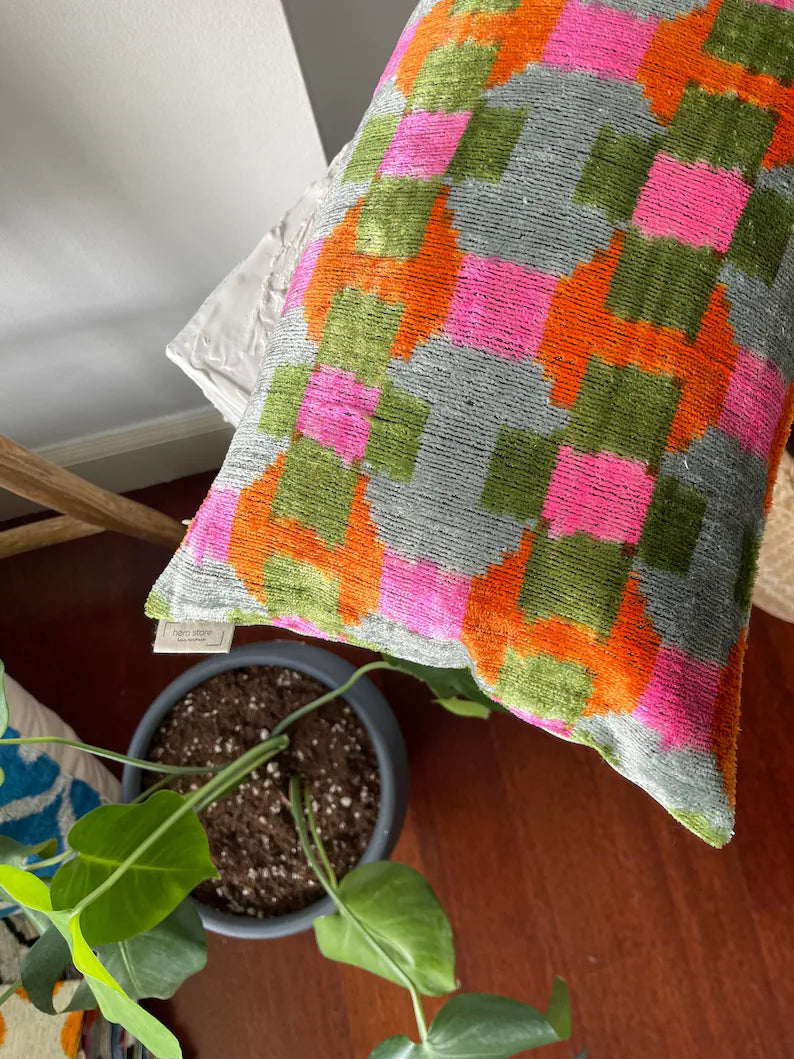 Colorful ikat Velvet Pillow