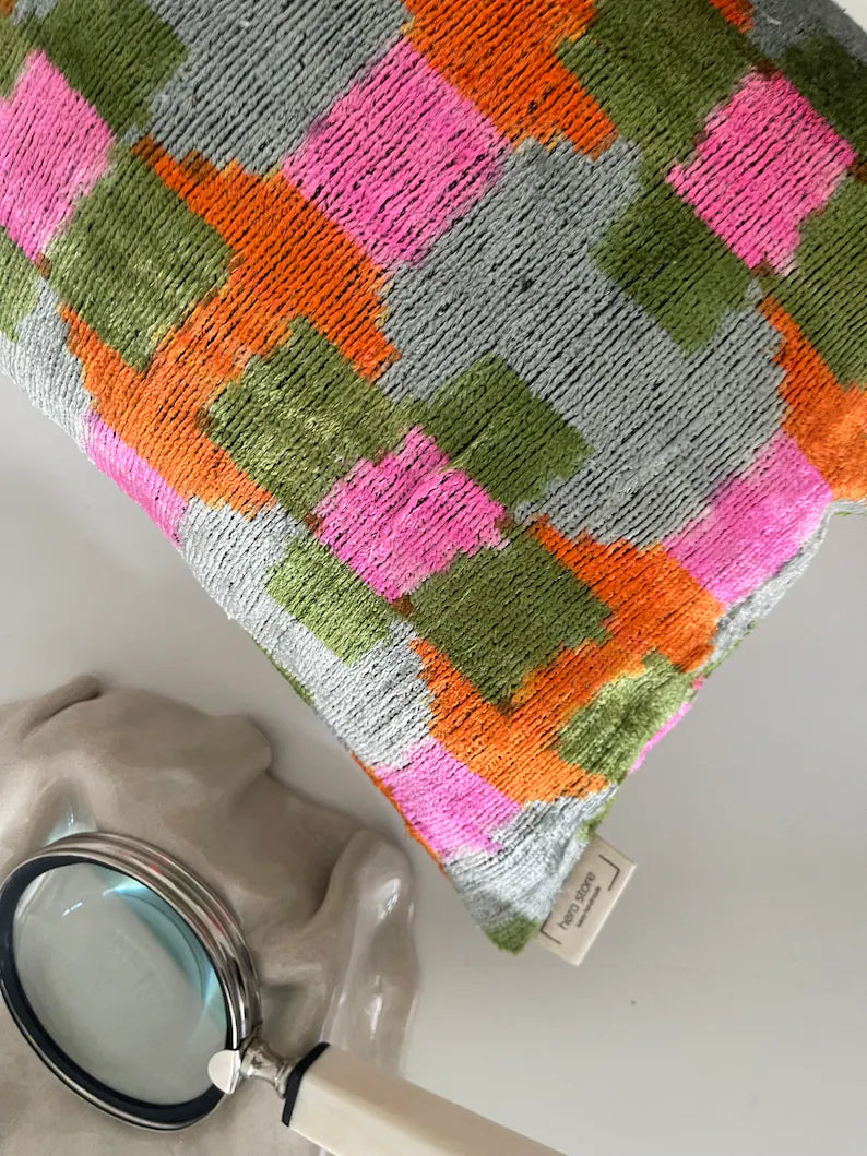 Colorful ikat Velvet Pillow